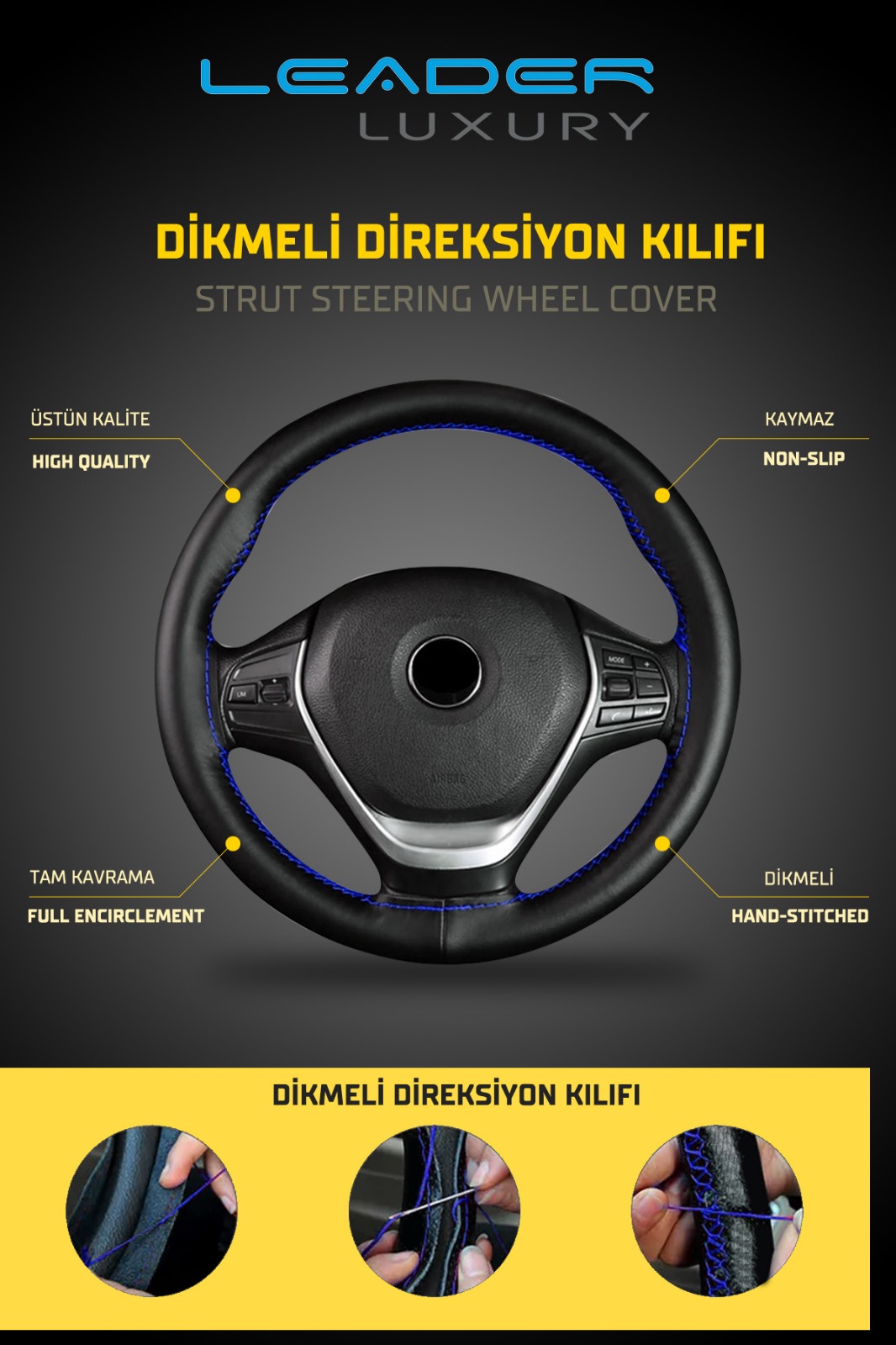 DİREKSİYON KILIFI DİKMELİ SİYAH DERİ. İP MAVİ 10,5 CM-DD-A01-5